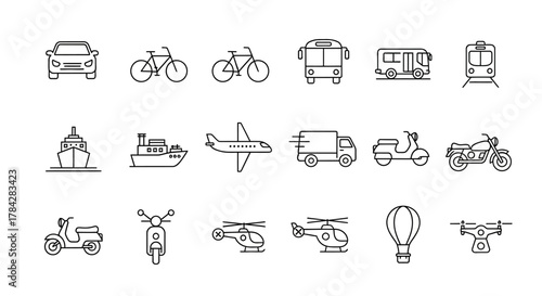 Transportation icon set line art vector illustration of various vehicles perfect for app design and infographics isolated on white background