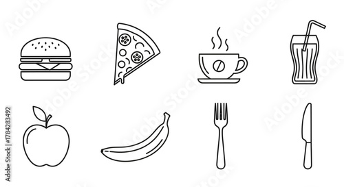 Set of food and drink icons minimalist line art vector illustration perfect for restaurant menus and app design