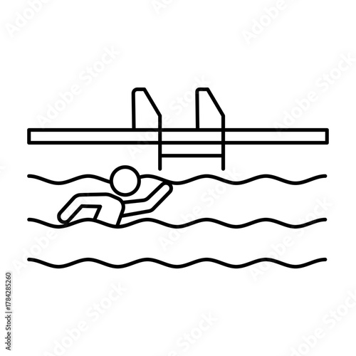 A black and white illustration of a person swimming in a pool with a ladder