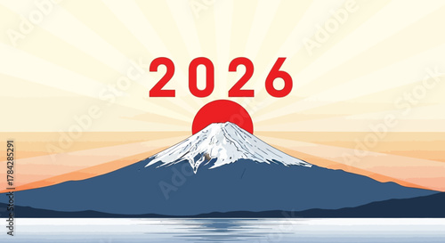 Mount Fuji illustration with rising sun and 2026 text a vector design for New Years cards and Japanese culture themes isolated on white