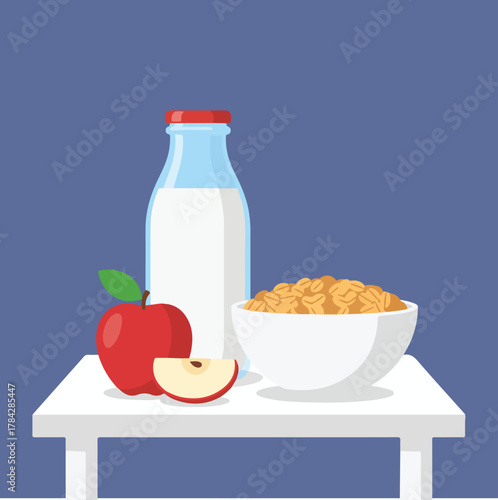 Illustration of a bottle of milk, a bowl of cereal, and an apple with a slice on a white table with a blue background.