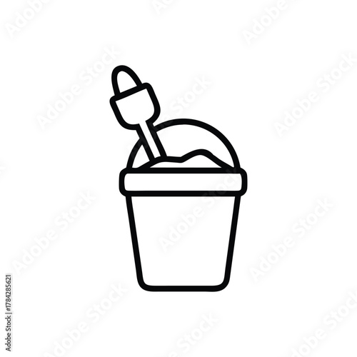 A black and white line drawing of a bucket filled with sand and a shovel