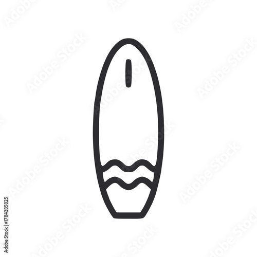 A black and white line drawing of a surfboard