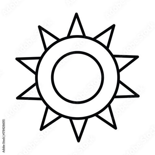 A black and white outline of a sun shape with triangular rays emanating from a central circle