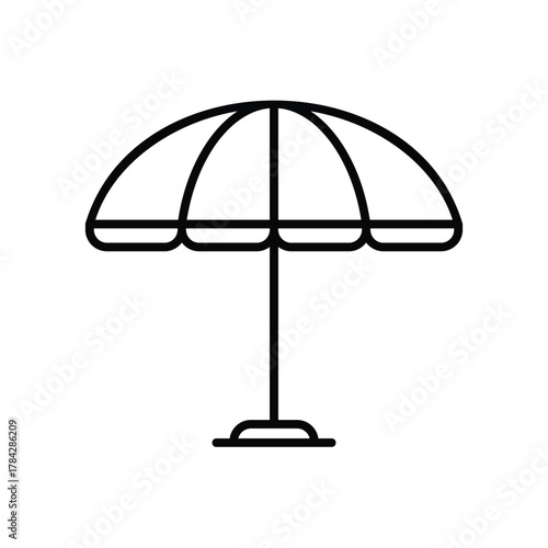 A black line drawing of a beach umbrella It has an umbrella top a pole and a base