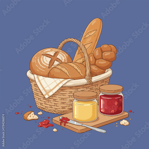 A basket filled with different types of bread and two jars of jam on a wooden board with a knife against a blue background.