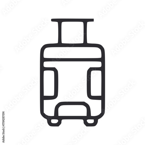 A black outlined suitcase with a handle two side rectangular shapes and two wheels