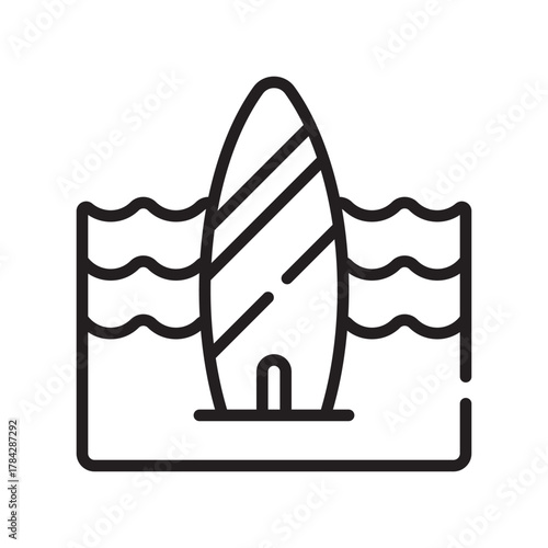 A black  white line drawing of a surfboard sticking up out of the water
