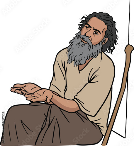 An old Indian beggar waiting for alms vector cartoon illustration