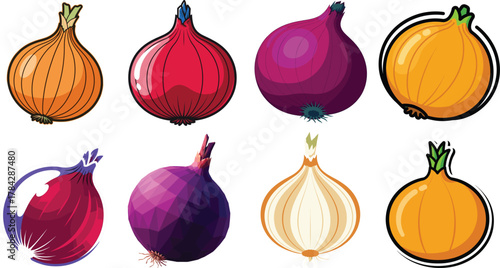 Set of Colorful Onion Bulbs Red Yellow Food Vector Illustration