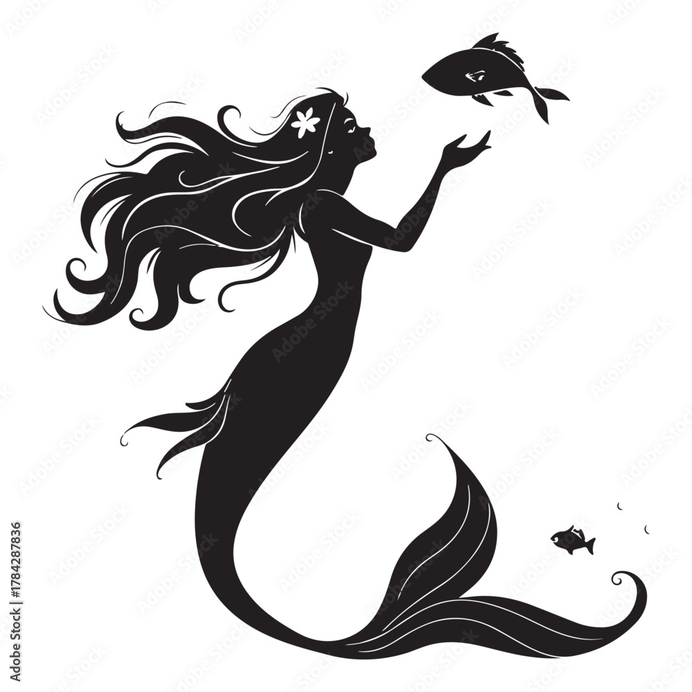 Fototapeta premium Graceful mermaid silhouette with flowing hair interacting with fish