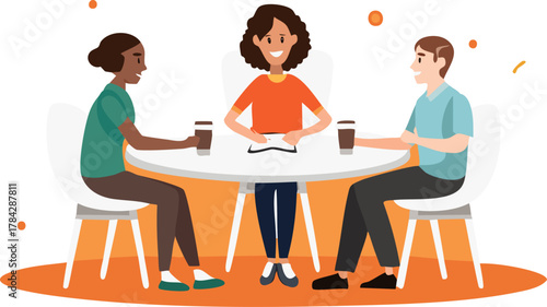 Three diverse individuals gathered around a round table, engaged in a discussion, enjoying coffee.