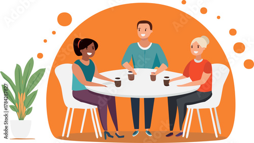 Three friends, two women and a man, sitting around a white table with drinks, smiling, in a bright, modern setting with a potted plant.