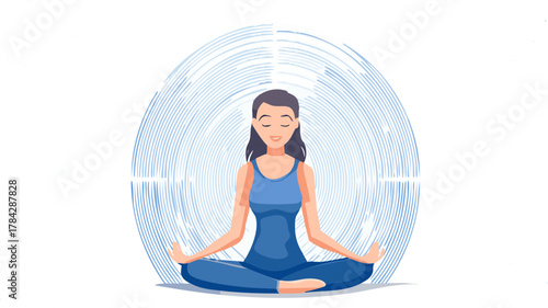 A serene woman in blue activewear meditates in a lotus yoga pose against an abstract circular energy background.