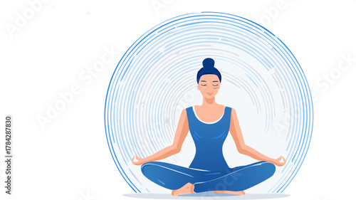 A woman in a blue outfit meditates peacefully in a lotus position, surrounded by concentric blue circles representing calm energy.