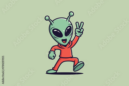 Cute Green Alien Character Showing Peace Sign.