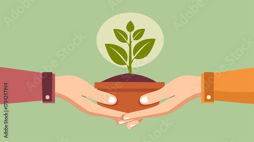 Two hands come together to carefully hold a small potted plant, symbolizing growth, nature, and shared responsibility.