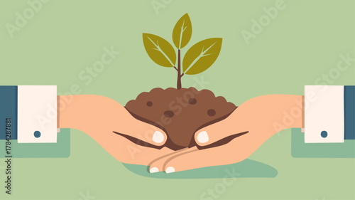 Two hands carefully cradling a mound of soil with a young plant sprouting, symbolizing growth and nurturing.