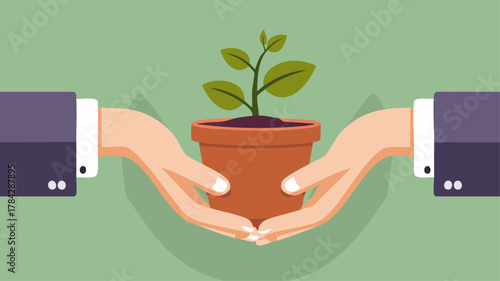 Professional hands in suits collaboratively holding a potted green plant, symbolizing business growth, investment, and sustainable development.
