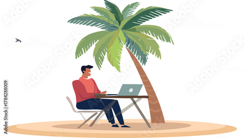 A man works on a laptop at a desk under a palm tree on a sandy island, with a bird flying overhead.