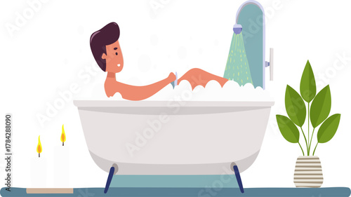 Cartoon illustration of a man relaxing in a bubble bath with candles and a potted plant nearby, enjoying a moment of self-care.