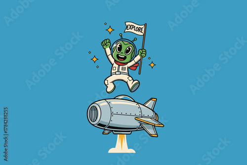 Happy Alien Astronaut Jumping with Explore Flag Above Rocket.