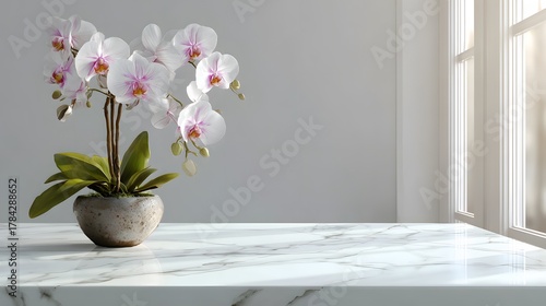 Elegant white and pink orchid display rests upon a glossy marble surface near a bright window