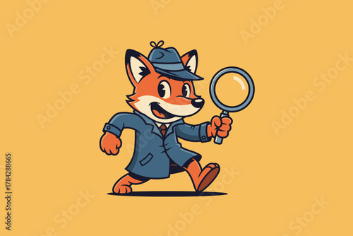 Cute Cartoon Fox Detective with Magnifying Glass Investigating.