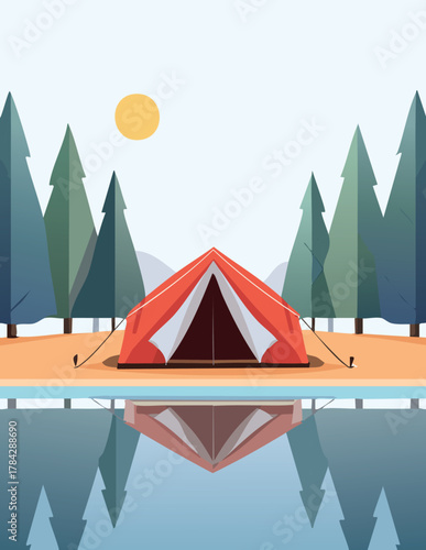 A vibrant red tent is pitched on a sandy shore, reflected in the calm water, with a backdrop of tall green pine trees under a bright sun.
