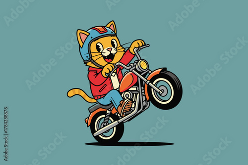 Cute Cartoon Cat Riding Motorcycle Doing Wheelie.