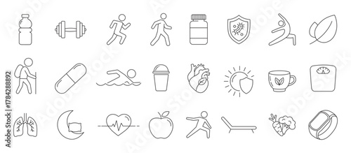 Set of outline icons representing healthy lifestyle and wellness concepts. Includes line symbols of fitness, exercise, nutrition, sleep, heart health, water bottle, fruits, vegetables, yoga, and medic