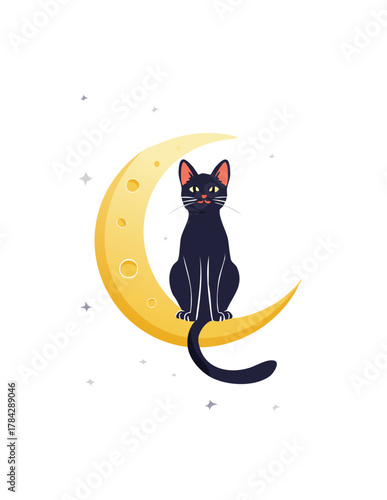 A stylized black cat with bright eyes sits serenely on a crescent moon against a white background dotted with small stars.