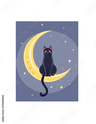 A black cat with yellow eyes sits calmly on a glowing crescent moon in a starry night sky.