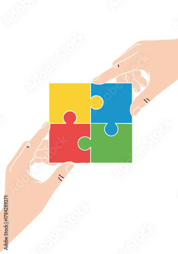 Two hands carefully assembling a four-piece jigsaw puzzle, with each piece colored yellow, blue, red, and green, symbolizing connection and completion.