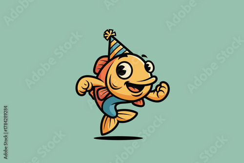 Happy Cartoon Fish Wearing Party Hat Running Joyfully.
