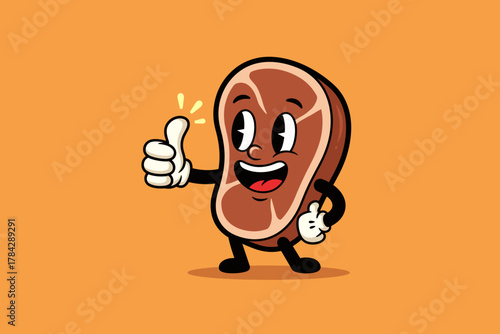 Happy Cartoon Steak Mascot Giving Thumbs Up Gesture.