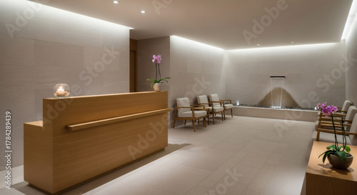 Serene Spa Reception Area with Minimalist Design and Water Feature