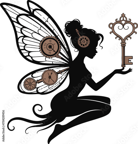Steampunk fairy with mechanical wings holding ornate key