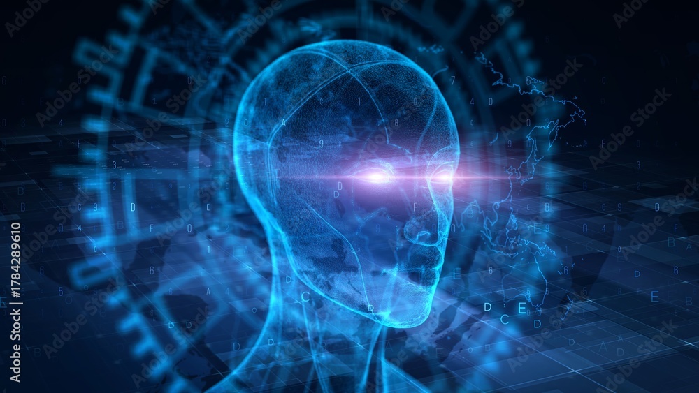 Fototapeta premium Digital Futuristic AI Concept with Glowing Cybernetic Human Profile and Data Elements