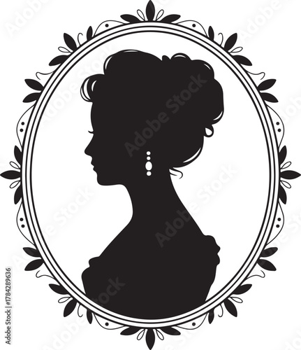 Victorian lady silhouette elegant updo vintage oval frame