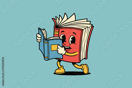 Cartoon Book Character Reading Another Book with Happy Expressio