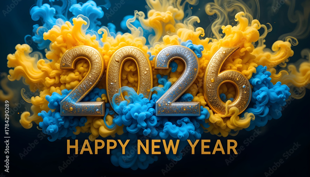 Obraz premium Golden 2026 Numbers Amidst Swirling Yellow and Blue Smoke year happy