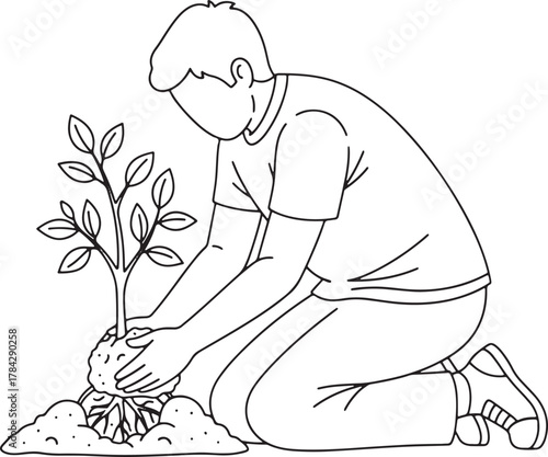Person kneeling planting a small tree or bush