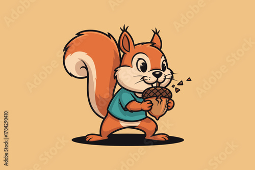 Cute Cartoon Squirrel Eating Acorn with Happy Expression.