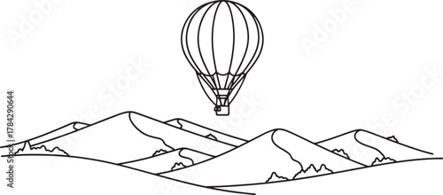Hot air balloon ascending over majestic mountain range line art