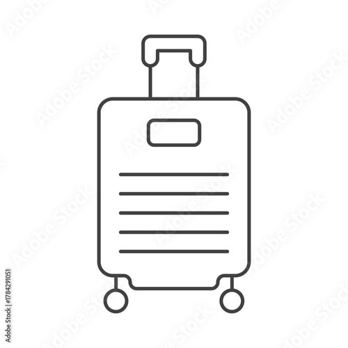 A line drawing of a suitcase with a handle wheels and horizontal stripes