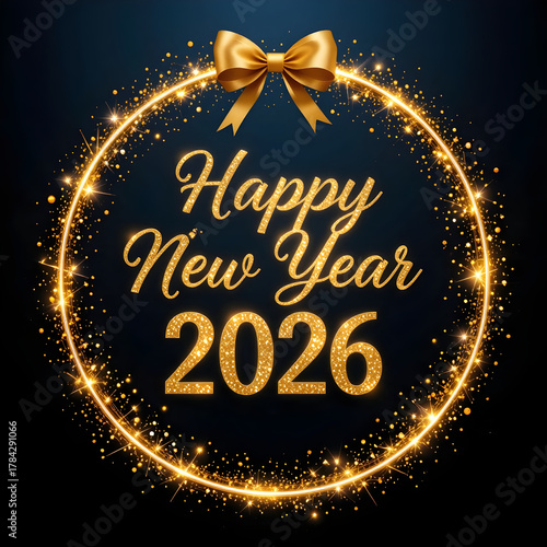 Golden Happy New Year 2026 text with sparkling circle and bow image 1