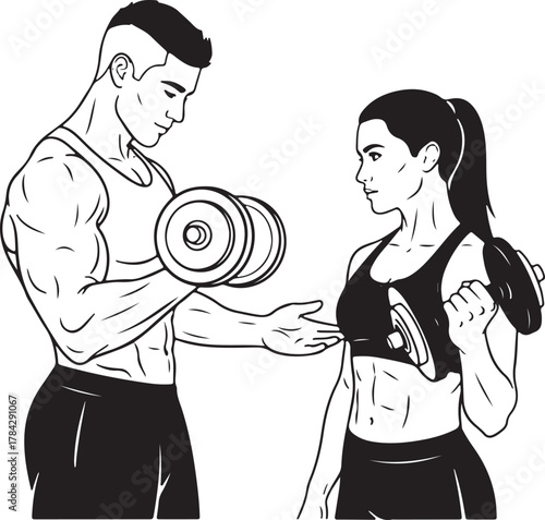 Muscular man demonstrates dumbbell exercise to woman