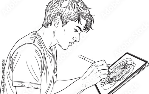 Young person sketching digitally on a tablet with a stylus