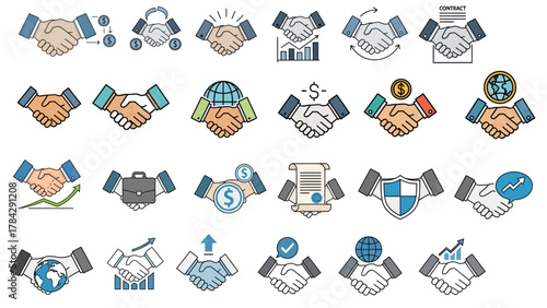Business Deal Handshake Icons Vector Set – Corporate Agreement Symbols, Partnership Collaboration Graphics, and Office Contract Design Elements